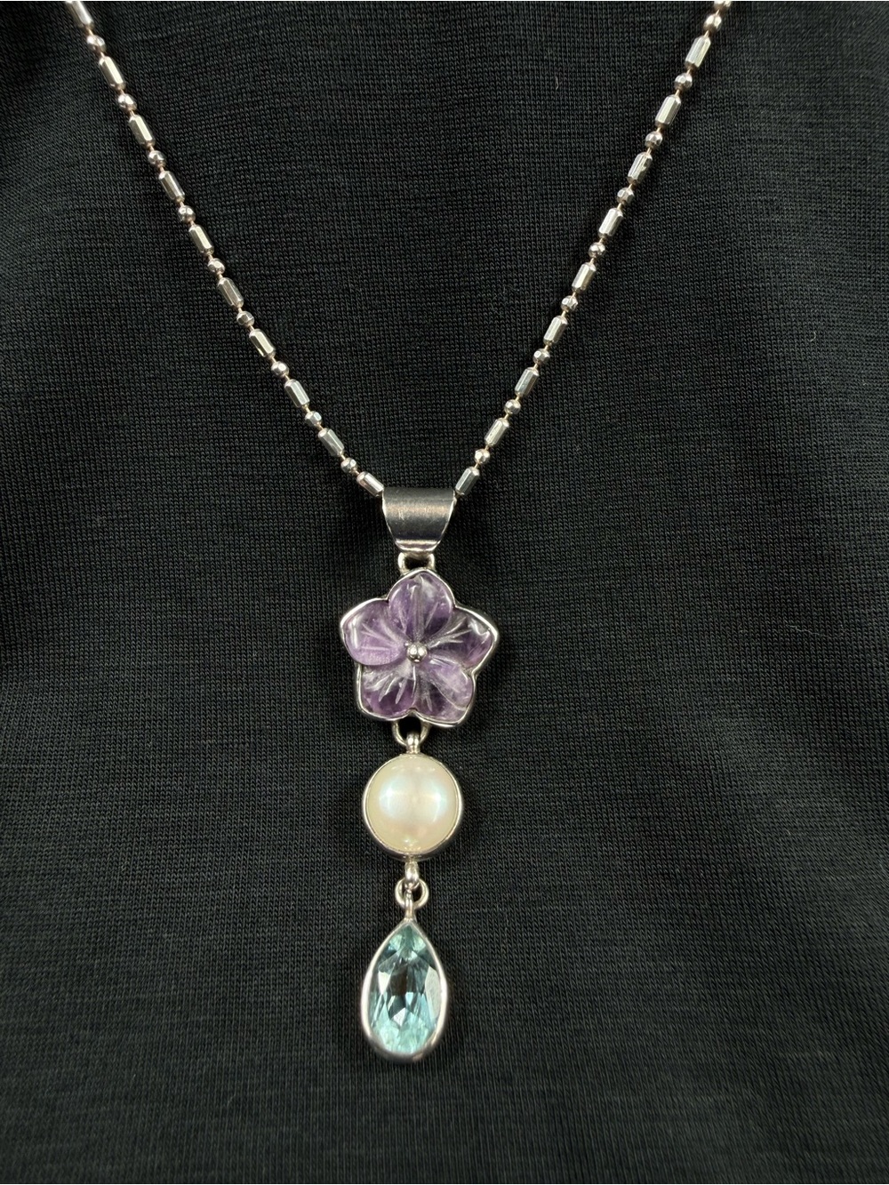 Vintage Sterling Silver Boho gemstone drop pendant necklace.